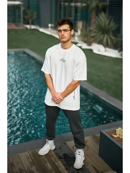 Unisex Baskılı Oversize T-Shirt - Beyaz Unisex Baskılı Oversize T-Shirt - Beyaz