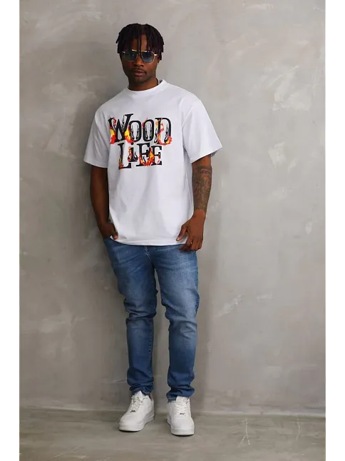 Unisex Baskılı Oversize T-shirt - Beyaz