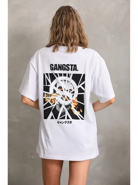 Unisex Baskılı Oversize T-shirt - Beyaz