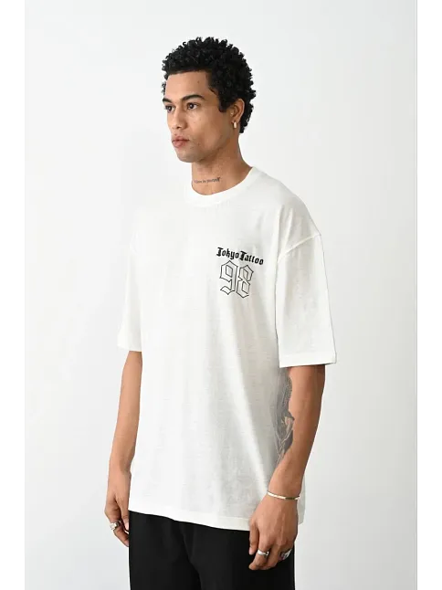 Unisex Baskılı Oversize T-shirt - Beyaz