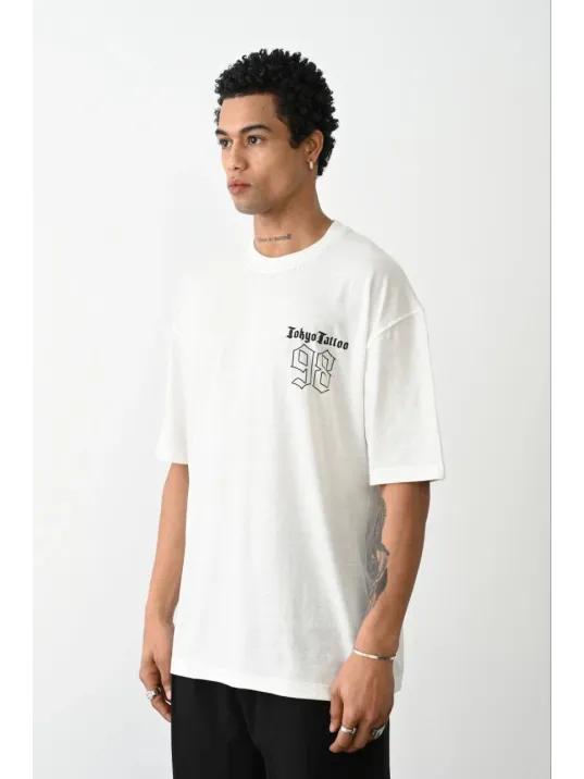 Unisex Baskılı Oversize T-shirt - Beyaz