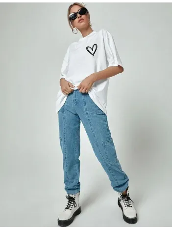 Unisex Baskılı Oversize T-Shirt - Beyaz