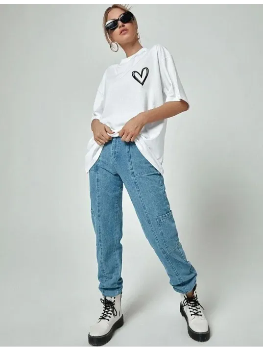 Unisex Baskılı Oversize T-Shirt - Beyaz