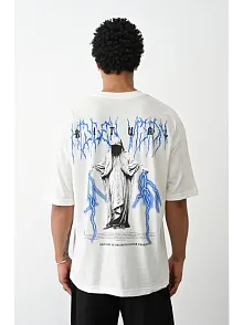 Unisex Baskılı Oversize T-shirt - Beyaz