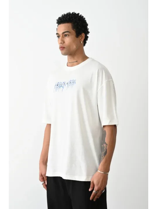 Unisex Baskılı Oversize T-Shirt - Beyaz