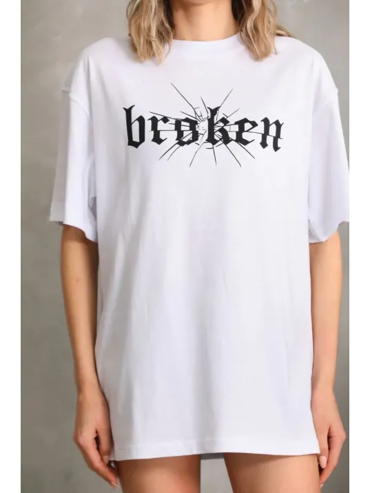 Unisex Baskılı Oversize T-Shirt - Beyaz
