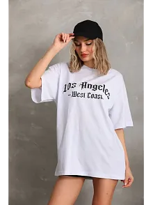 Unisex Baskılı Oversize T-shirt - Beyaz