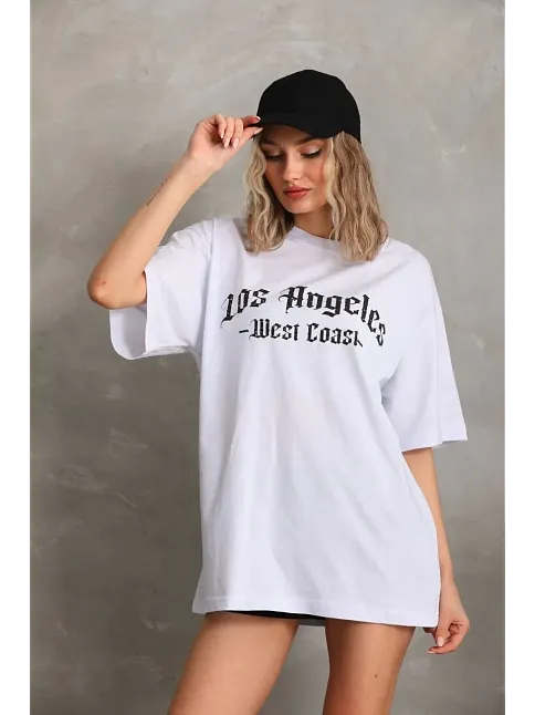 Unisex Baskılı Oversize T-shirt - Beyaz