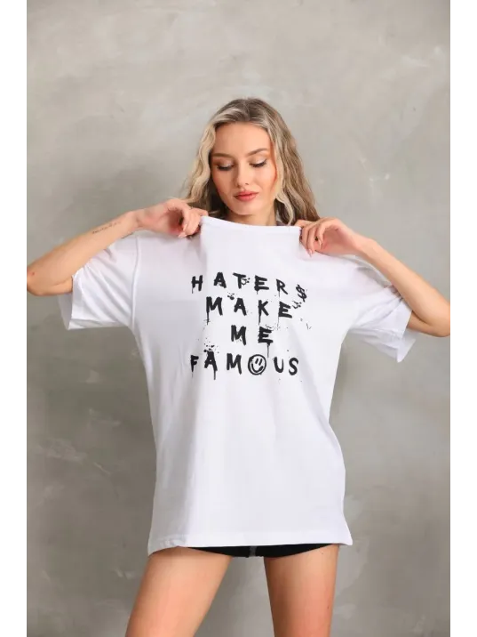 Unisex Baskılı Oversize T-Shirt - Beyaz