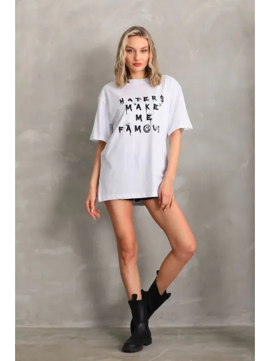 Unisex Baskılı Oversize T-Shirt - Beyaz