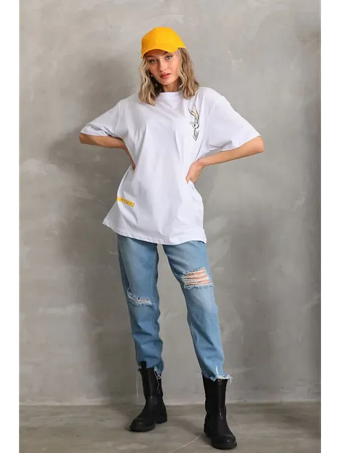 Unisex Baskılı Oversize T-shirt - Beyaz