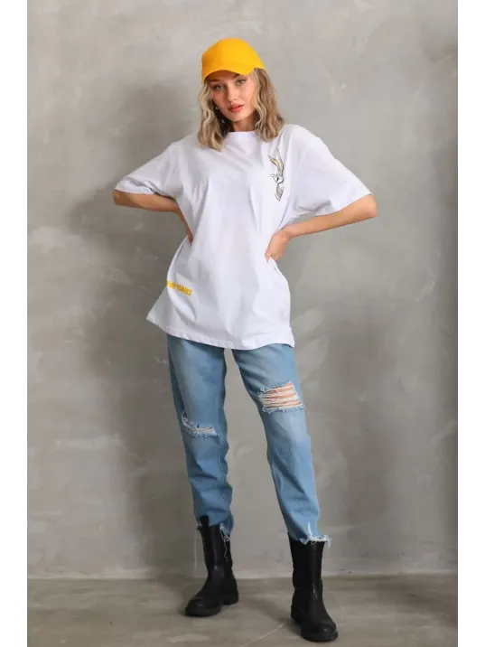 Unisex Baskılı Oversize T-Shirt - Beyaz