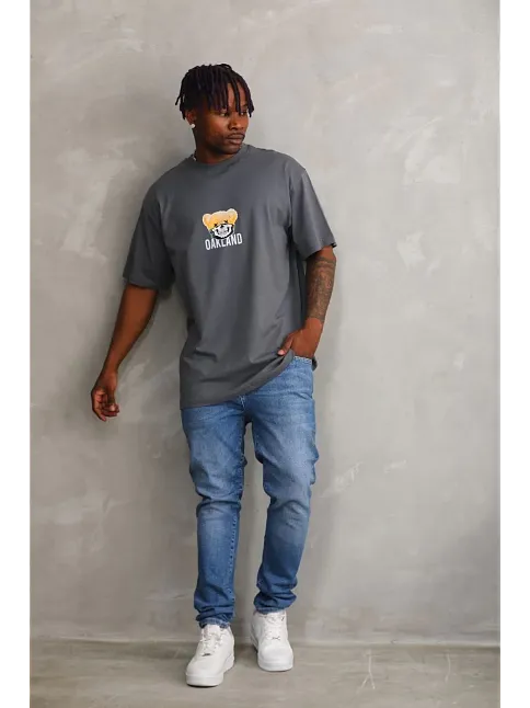 Unisex Baskılı Oversize T-shirt - Füme