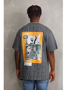 Unisex Baskılı Oversize T-shirt - Füme