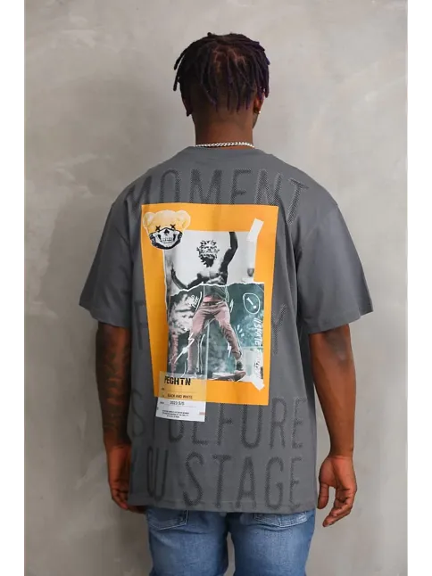 Unisex Baskılı Oversize T-shirt - Füme