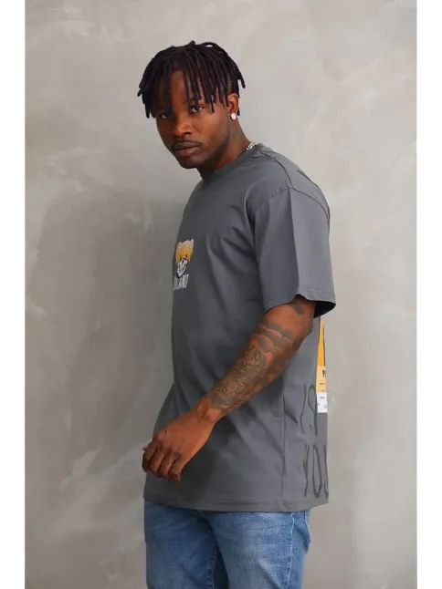 Unisex Baskılı Oversize T-shirt - Füme