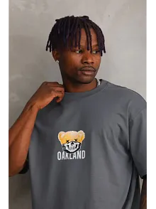 Unisex Baskılı Oversize T-shirt - Füme