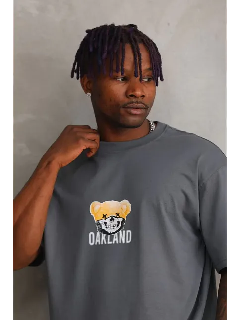 Unisex Baskılı Oversize T-shirt - Füme
