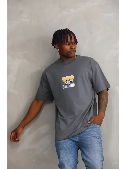 Unisex Baskılı Oversize T-shirt - Füme