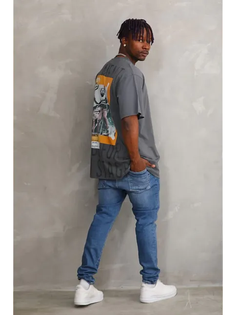 Unisex Baskılı Oversize T-shirt - Füme