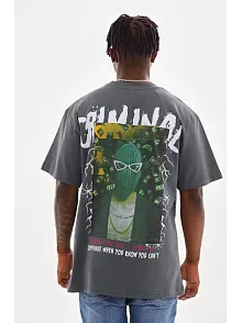 Unisex Baskılı Oversize T-shirt - Füme