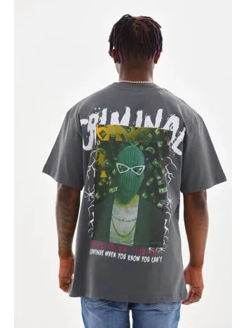 Unisex Baskılı Oversize T-Shirt - Füme