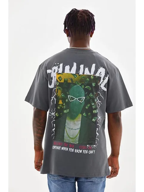 Unisex Baskılı Oversize T-shirt - Füme