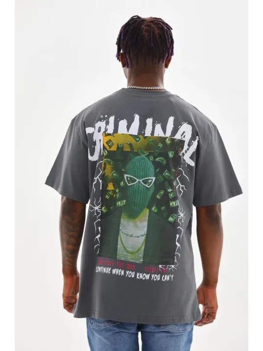 Unisex Baskılı Oversize T-Shirt - Füme Unisex Baskılı Oversize T-Shirt - Füme