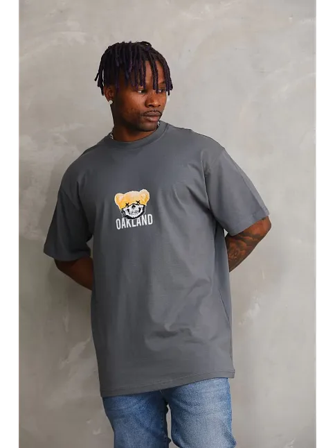 Unisex Baskılı Oversize T-shirt - Füme