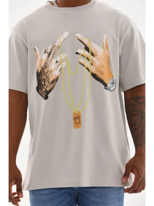 Unisex Baskılı Oversize T-Shirt - Gri Unisex Baskılı Oversize T-Shirt - Gri