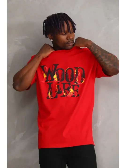 Unisex Baskılı Oversize T-shirt - Kırmızı