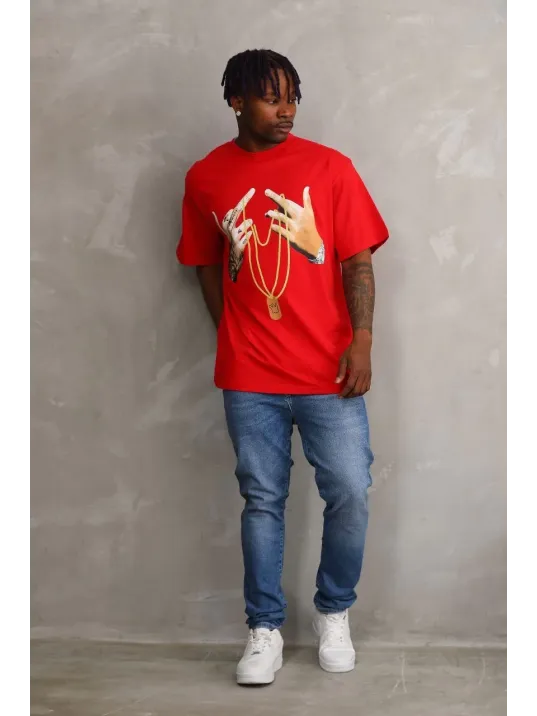 Unisex Baskılı Oversize T-Shirt - Kırmızı Unisex Baskılı Oversize T-Shirt - Kırmızı