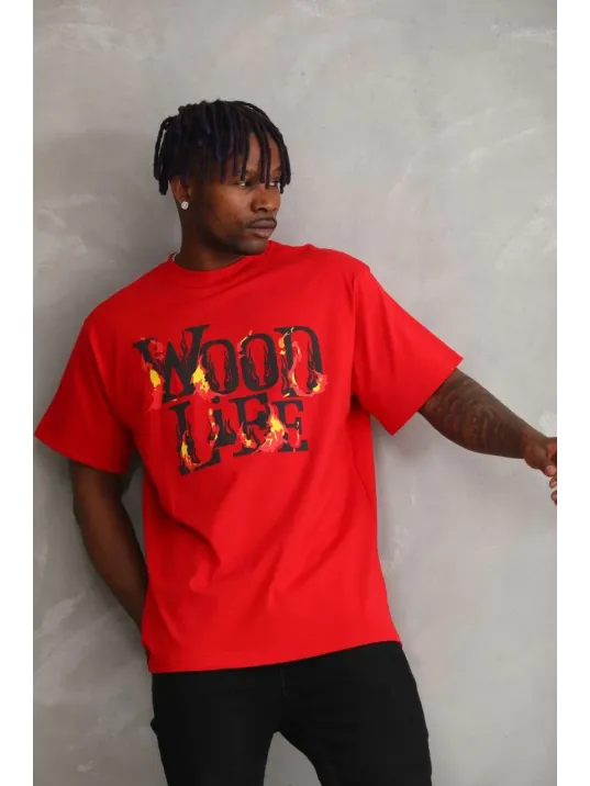 Unisex Baskılı Oversize T-shirt - Kırmızı