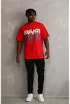 Erkek Baskılı T-shirt Kısa Kol Bisiklet Yaka Rahat Kalıp Tişört - Kırmızı