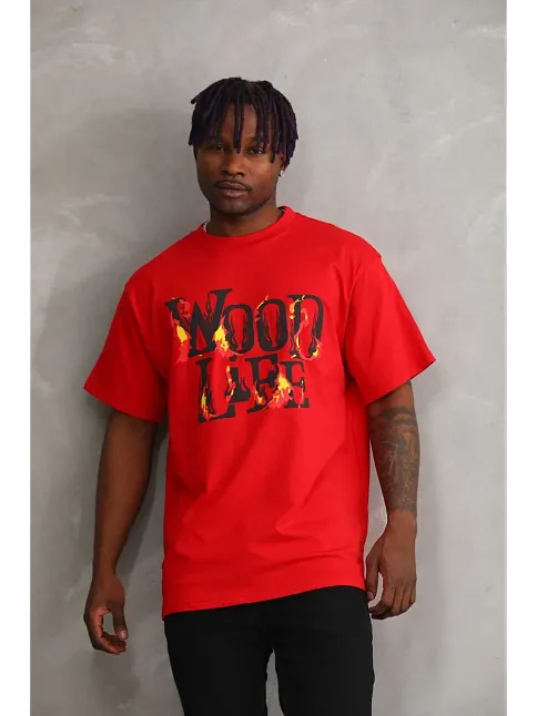 Unisex Baskılı Oversize T-shirt - Kırmızı