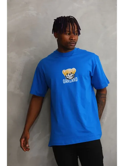 Unisex Baskılı Oversize T-shirt - Mavi