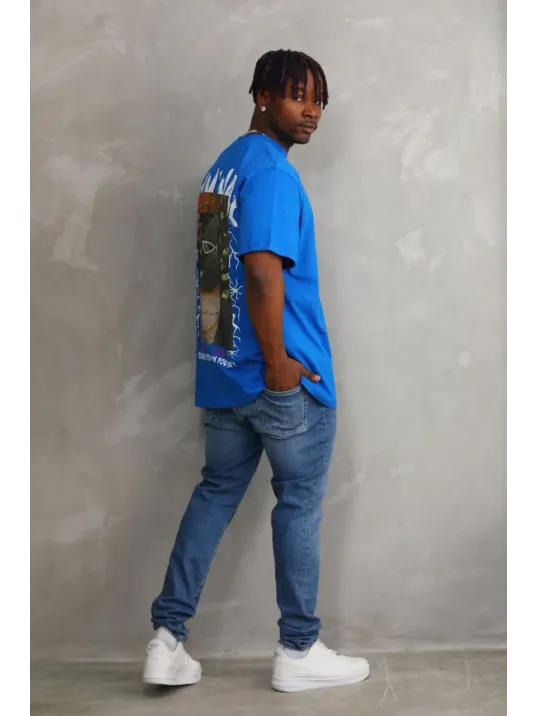 Unisex Baskılı Oversize T-Shirt - Mavi