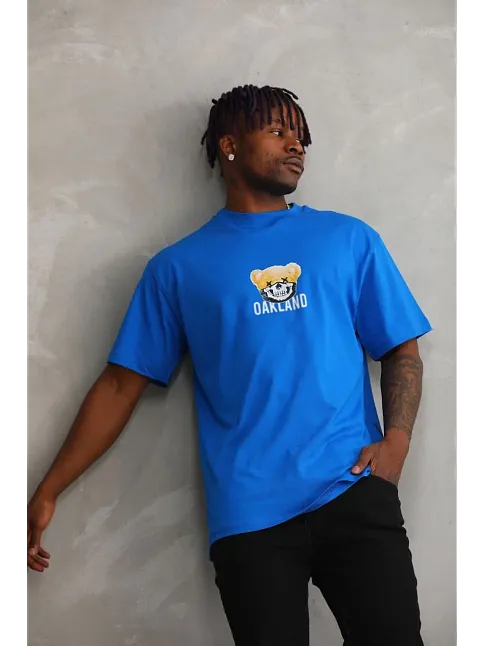 Unisex Baskılı Oversize T-shirt - Mavi