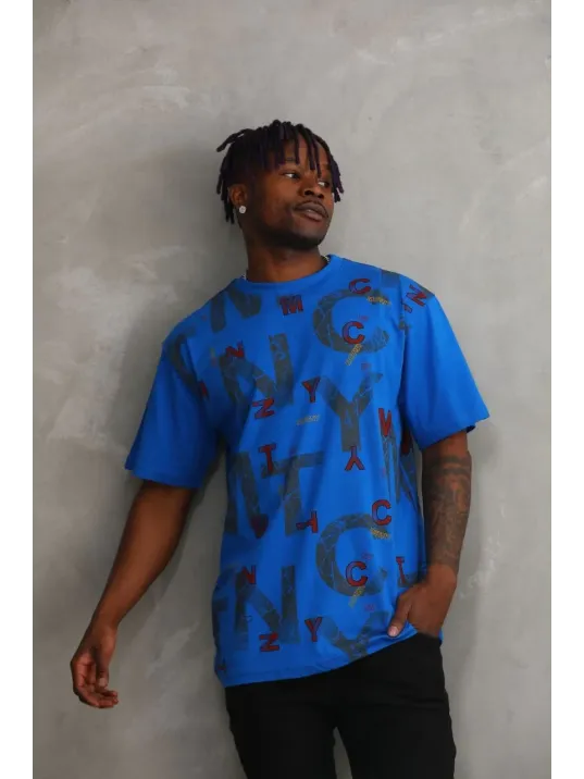 Unisex Baskılı Oversize T-Shirt - Mavi