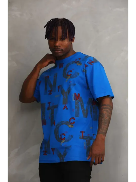 Unisex Baskılı Oversize T-Shirt - Mavi Unisex Baskılı Oversize T-Shirt - Mavi