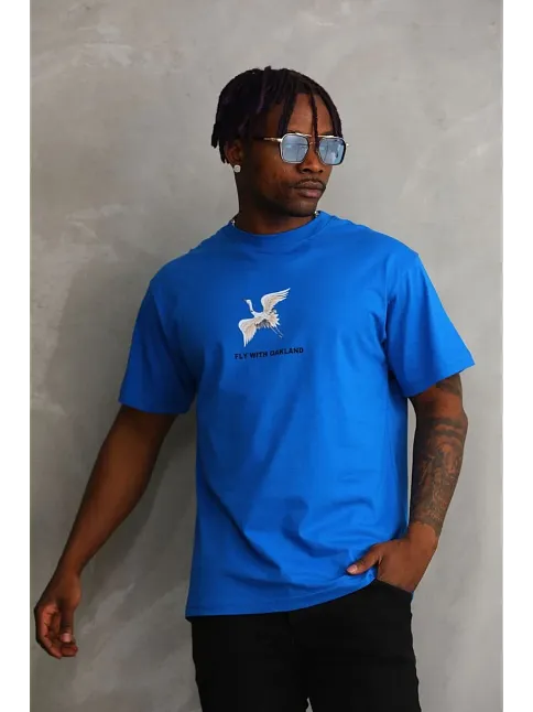 Unisex Baskılı Oversize T-shirt - Mavi