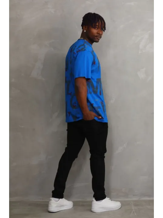 Unisex Baskılı Oversize T-Shirt - Mavi
