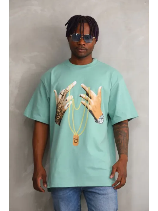 Unisex Baskılı Oversize T-shirt - Mint Yeşili