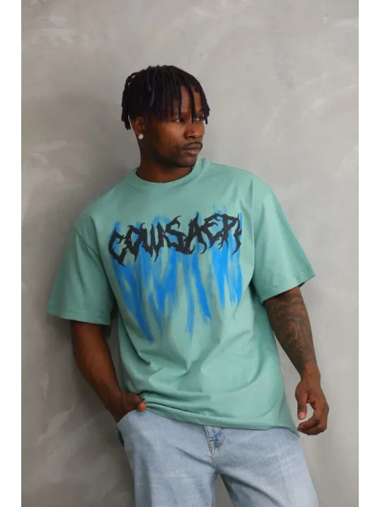 Erkek Baskılı T-shirt Kısa Kol Bisiklet Yaka Rahat Kalıp Tişört - Mint Yeşili