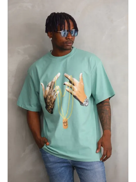 Unisex Baskılı Oversize T-shirt - Mint Yeşili
