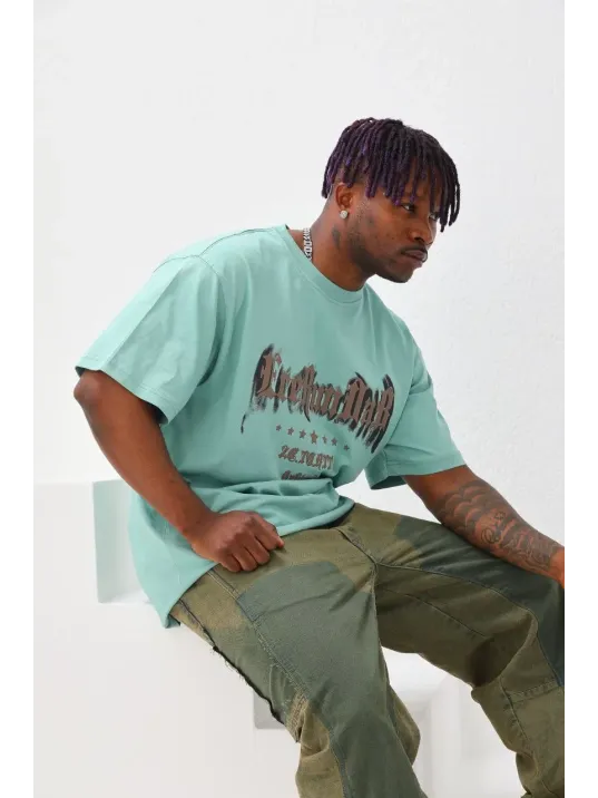 Erkek Baskılı T-shirt Kısa Kol Bisiklet Yaka Rahat Kalıp Tişört - Mint Yeşili