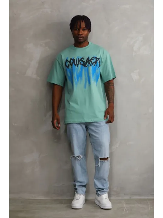 Erkek Baskılı T-shirt Kısa Kol Bisiklet Yaka Rahat Kalıp Tişört - Mint Yeşili