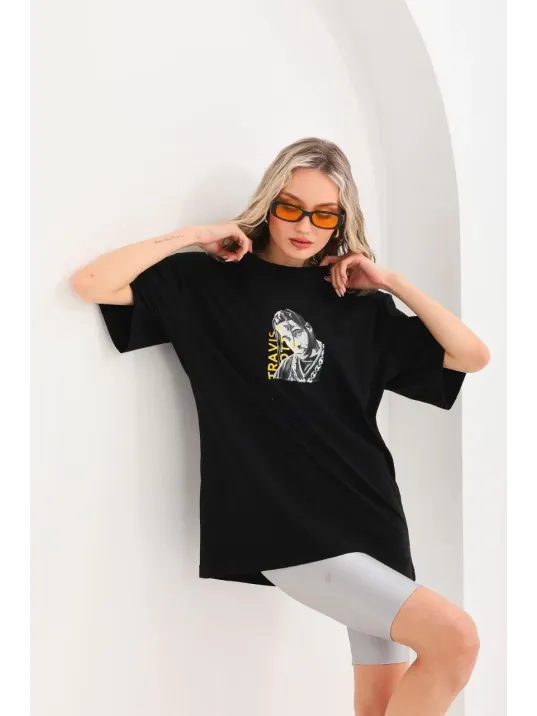 Unisex Baskılı Oversize T-Shirt - Siyah