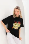 Unisex Baskılı Oversize T-shirt - Siyah