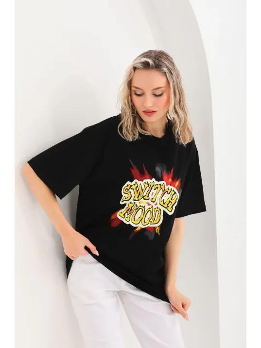Unisex Baskılı Oversize T-Shirt - Siyah